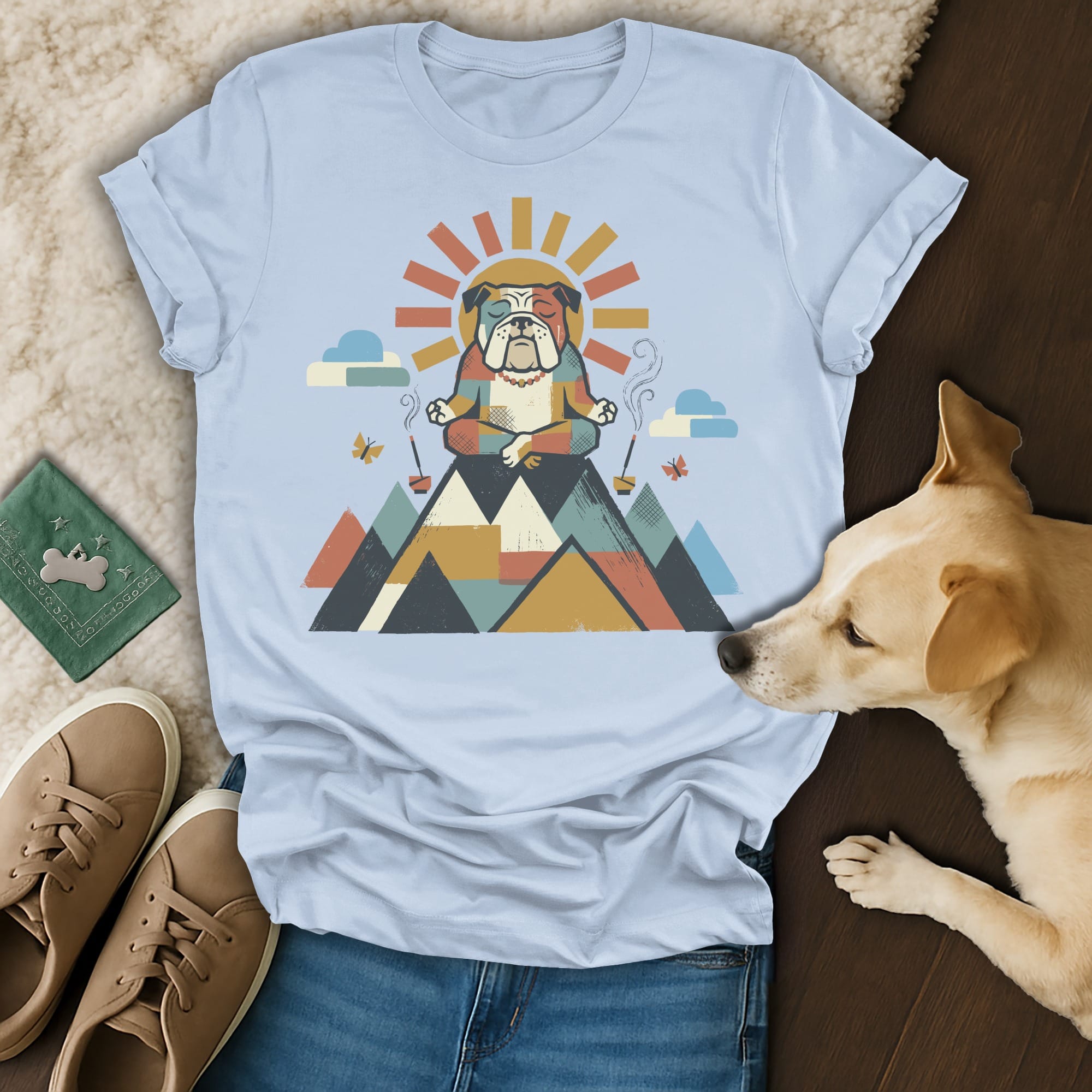 Bulldog meditating on a mountain, wearing sunglasses, with a sunburst and butterflies.