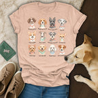 T-shirt with illustrated dog breeds and their puns: Pointerly Perfect, Beagle-ieve in Love, Terrier-fically Yours, Spot On.