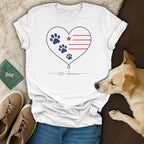 White t-shirt with patriotic heart design featuring paw prints and "250 America".