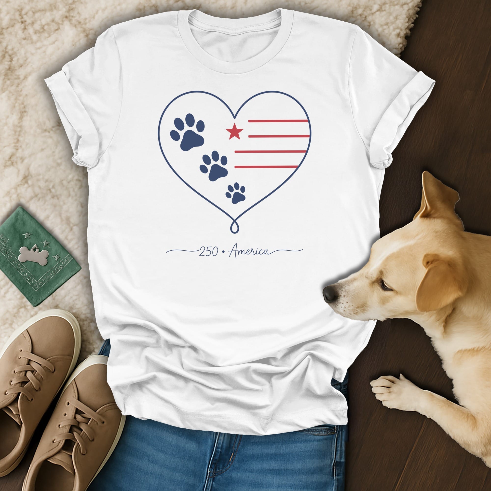 White t-shirt with patriotic heart design featuring paw prints and "250 America".