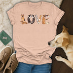 Peach t-shirt with dogs forming the word LOVE and various dog breeds.