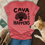 Red t-shirt with black "CAVA POO HAPPENS" text and cartoon dog graphic.