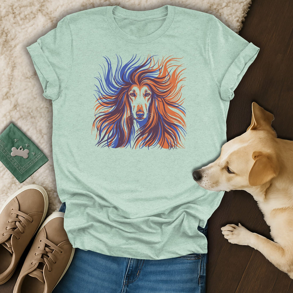 Graphic t-shirt featuring a stylized Afghan hound head with flowing, colorful hair.