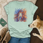 Graphic t-shirt featuring a stylized Afghan hound head with flowing, colorful hair.
