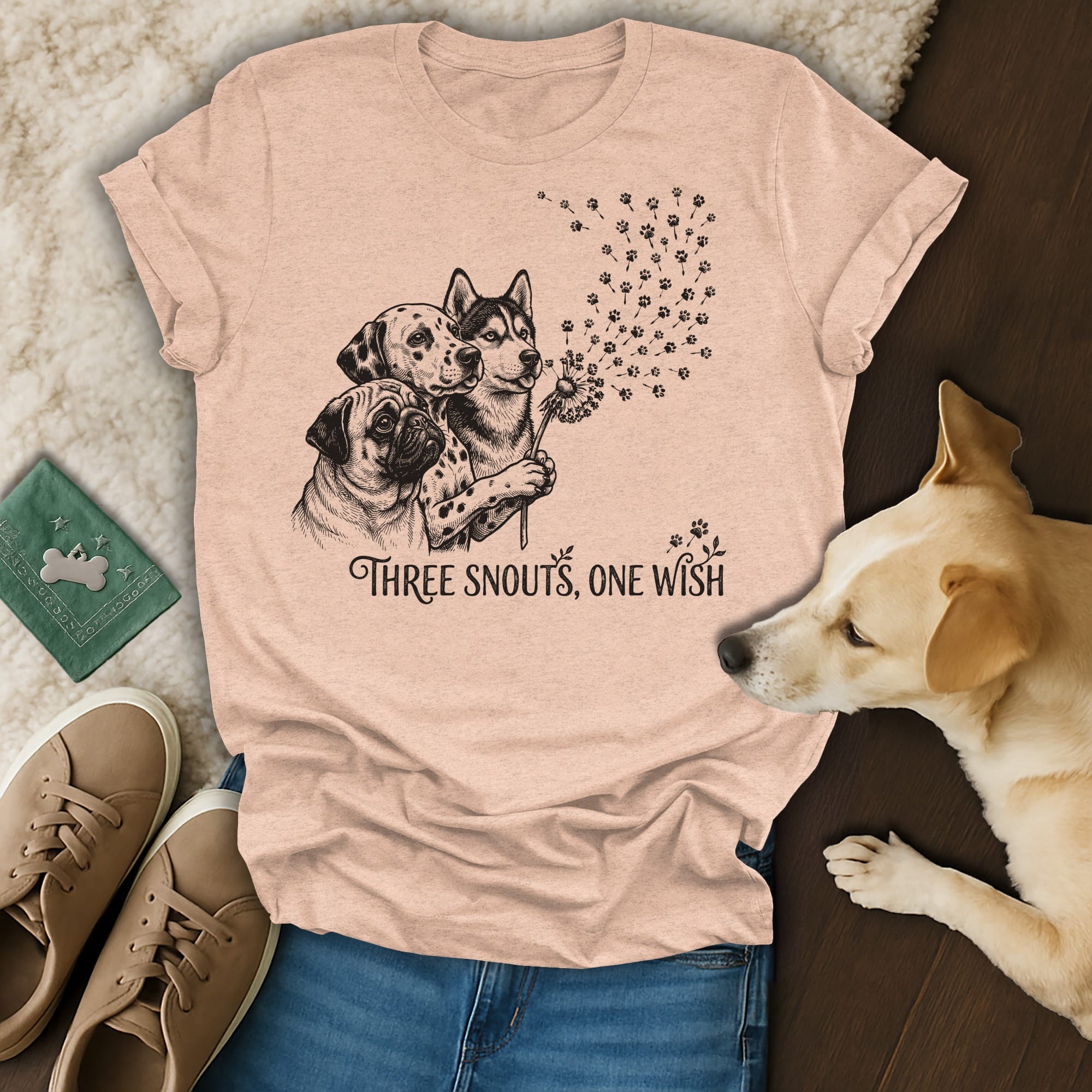 T-shirt with three dogs and "Three snouts, one wish" text.