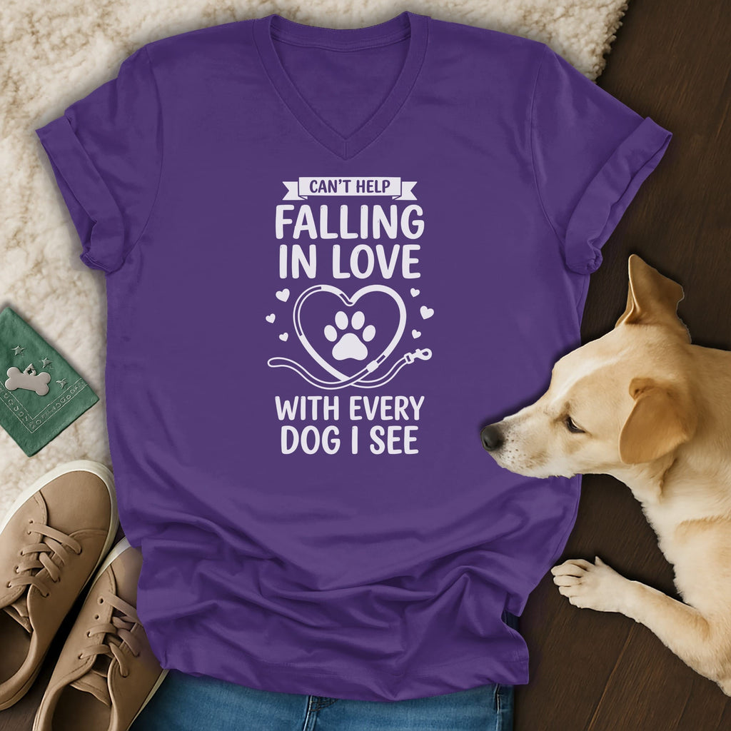 Purple t-shirt with "Can't Help Falling In Love With Every Dog I See" text.