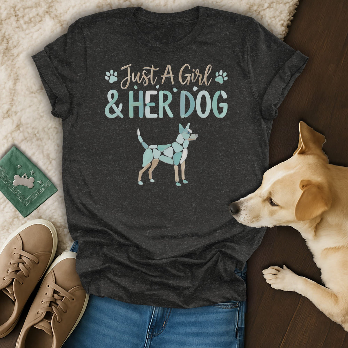 Dark t-shirt with "Just A Girl & HER DOG" text and a mosaic dog.