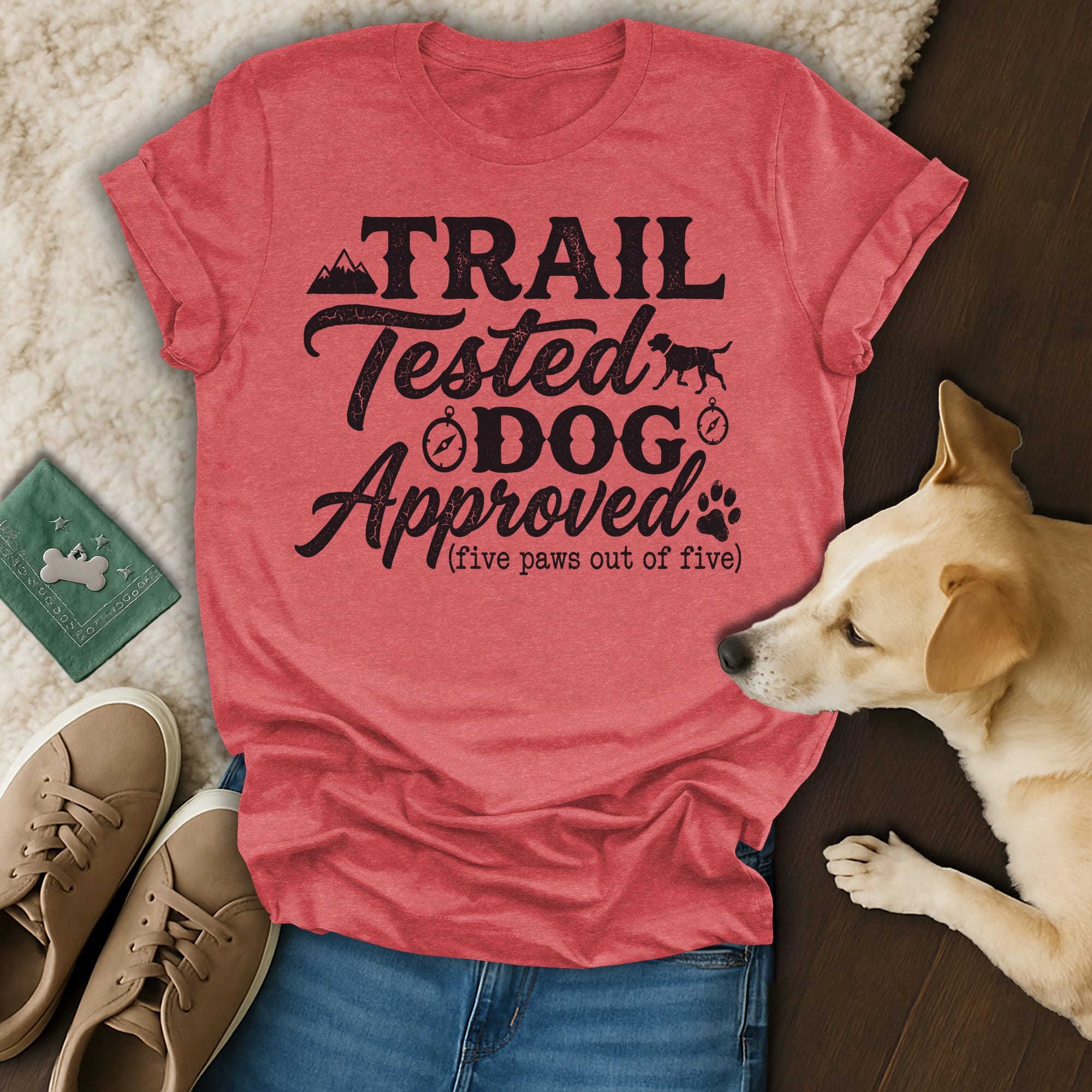 Red t-shirt with "Trail Tested Dog Approved" text and a dog.