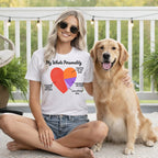 White t-shirt featuring a heart-shaped pie chart about a person's personality with their dog.