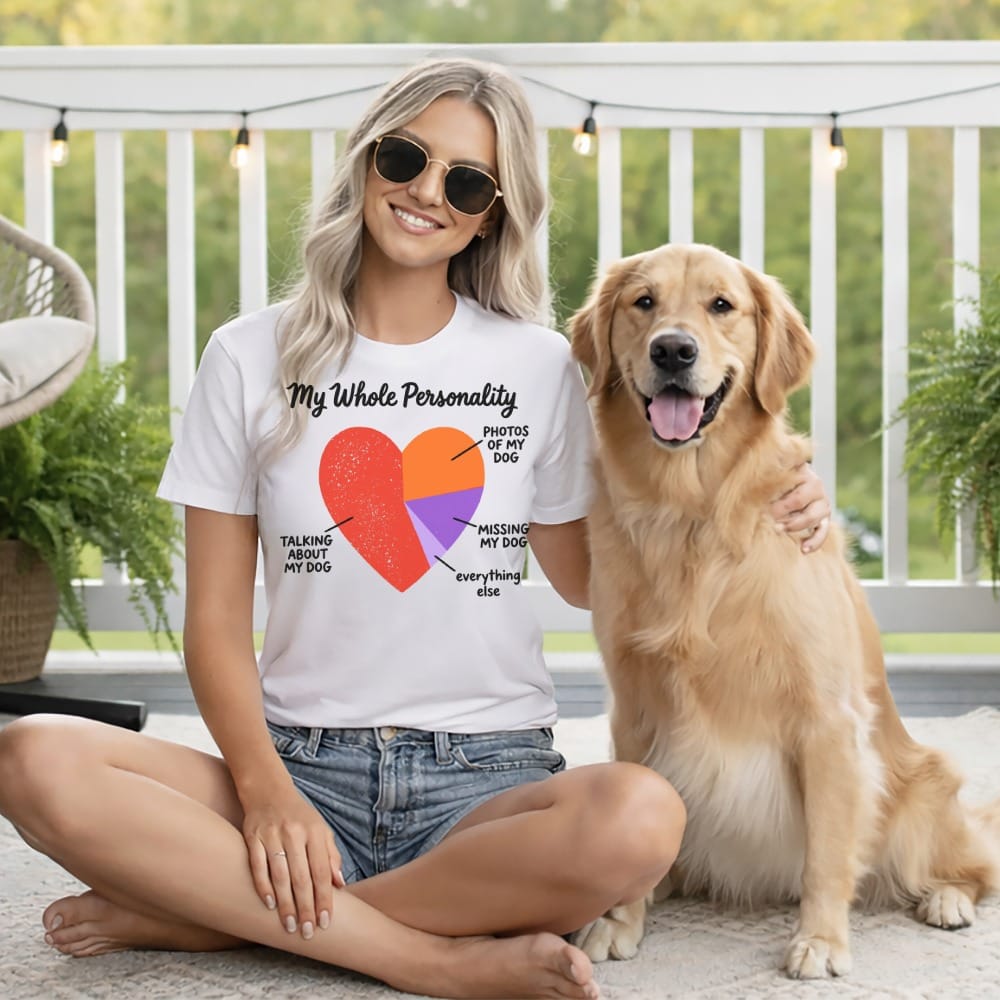 White t-shirt featuring a heart-shaped pie chart about a person's personality with their dog.