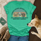 T-shirt with three dogs and text about squirrels.