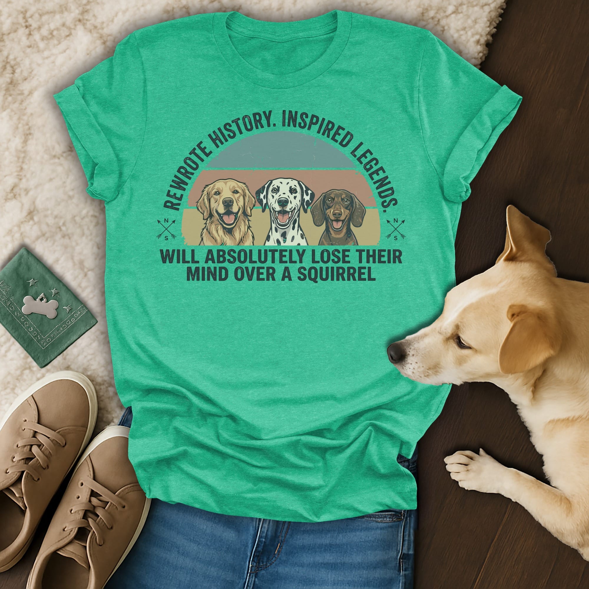 T-shirt with three dogs and text about squirrels.