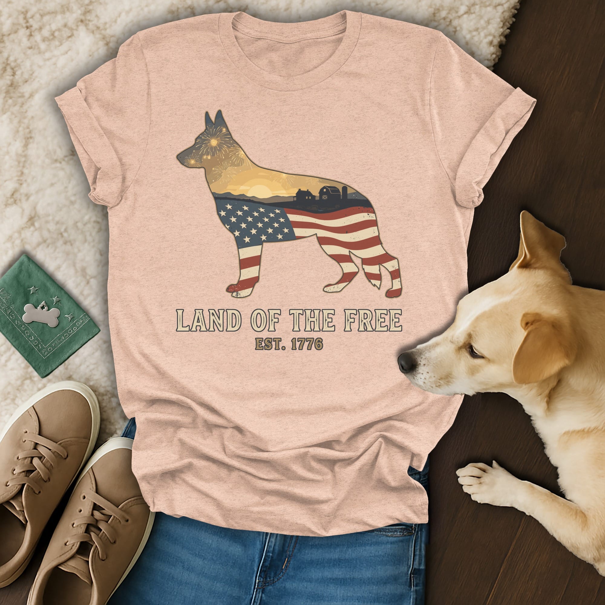 Dog silhouette filled with American flag pattern and scenic landscape.