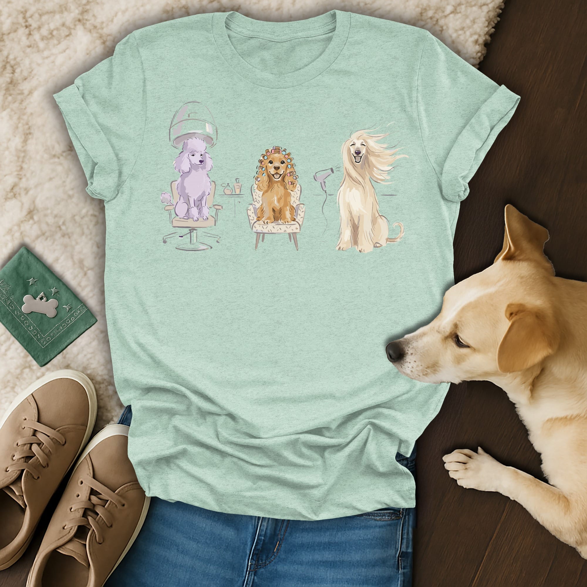 T-shirt graphic featuring three dogs at a salon, a poodle, a golden retriever, and an Afghan hound.