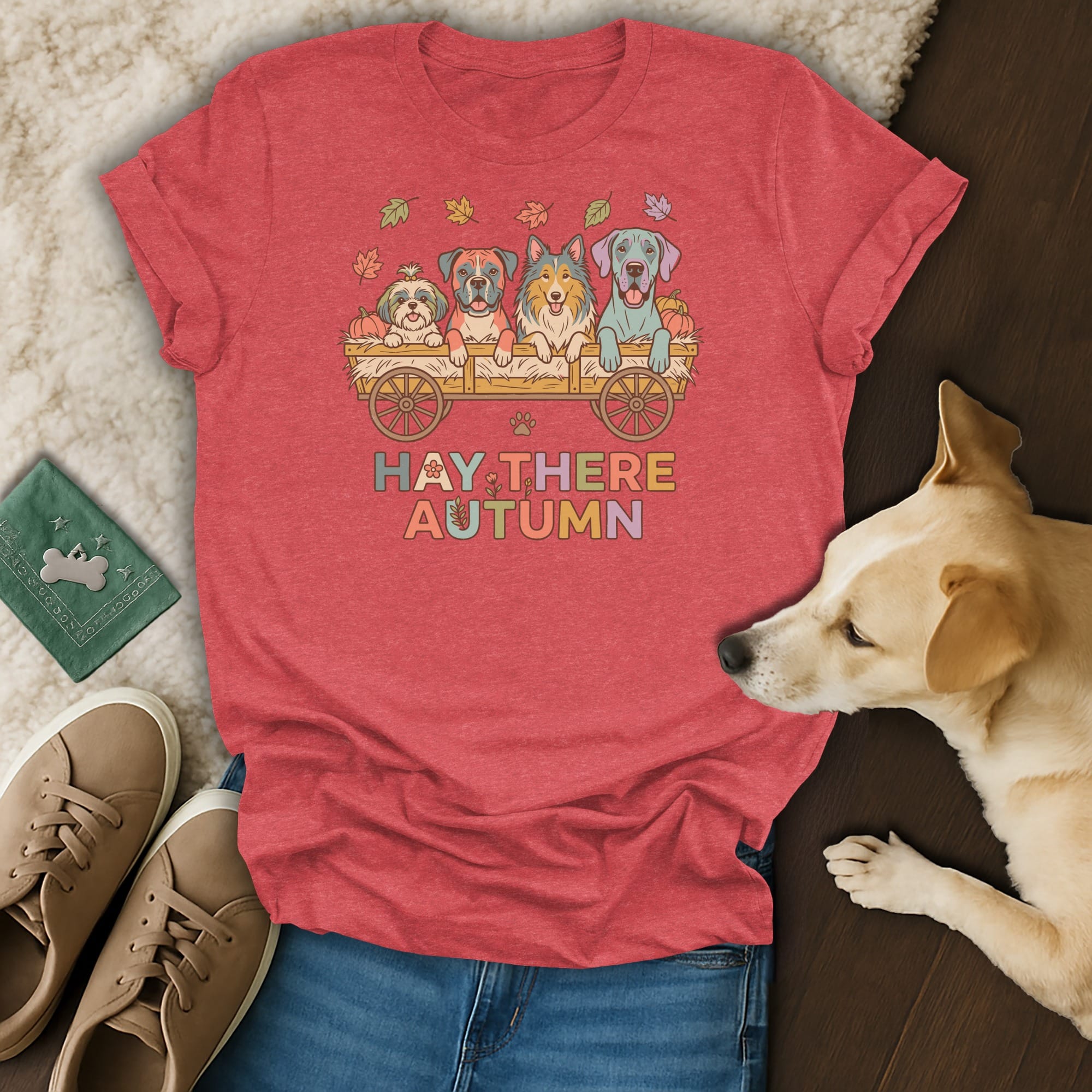 Red t-shirt with four dogs in a wagon and "Hay There Autumn" text.