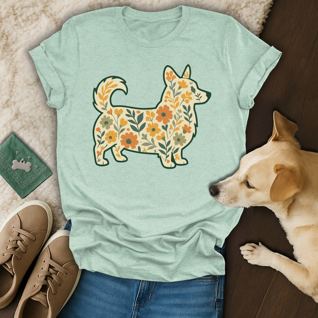 Floral Dog Design Mint Green Graphic Tee