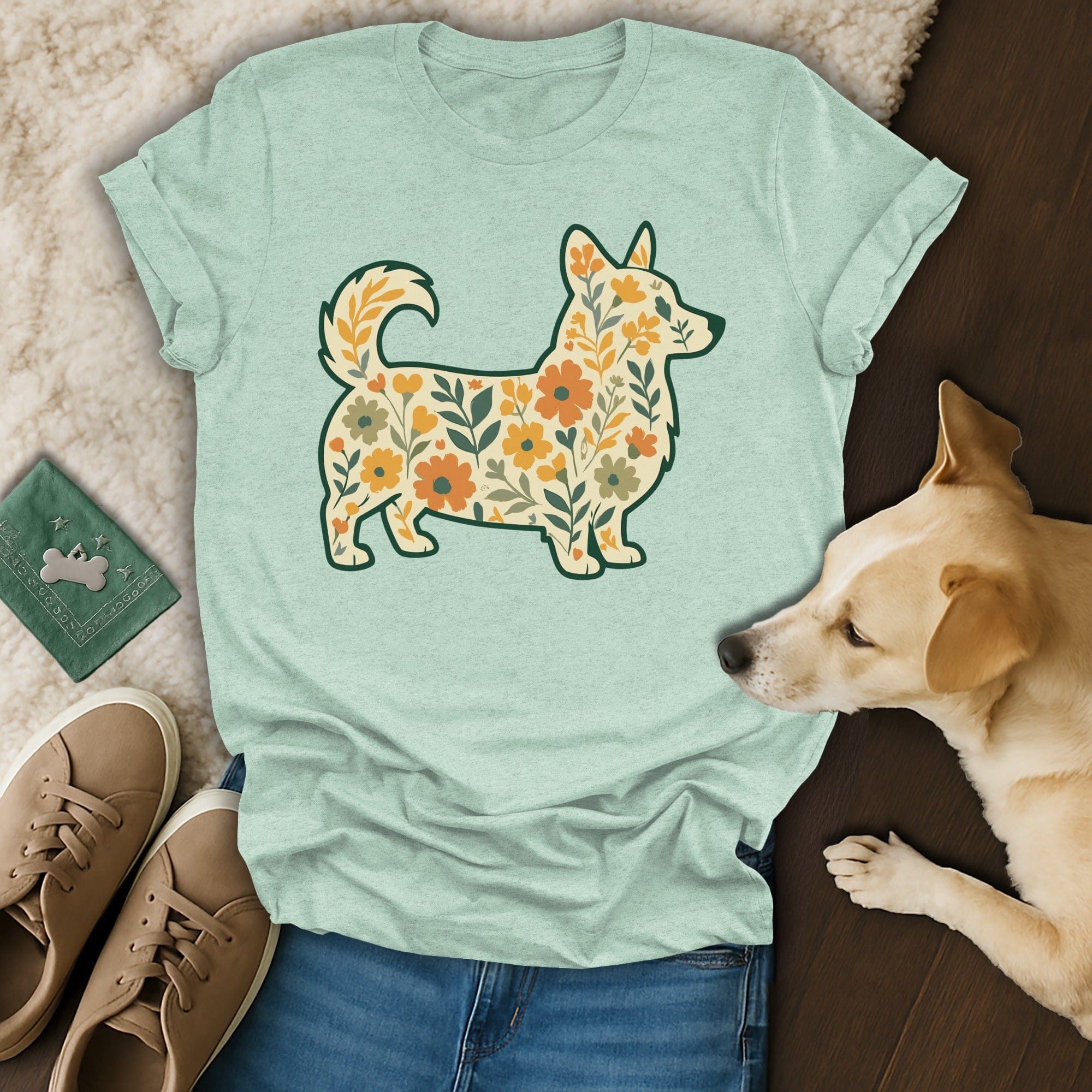 Floral Dog Design Mint Green Graphic Tee