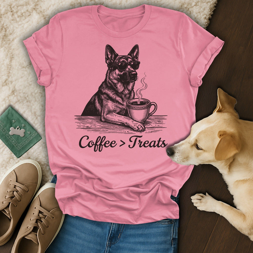 Coffee > Treats German Shepherd Dog Sunglasses Pink T-Shirt
