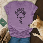 Purple t-shirt with a black paw print and heart design.