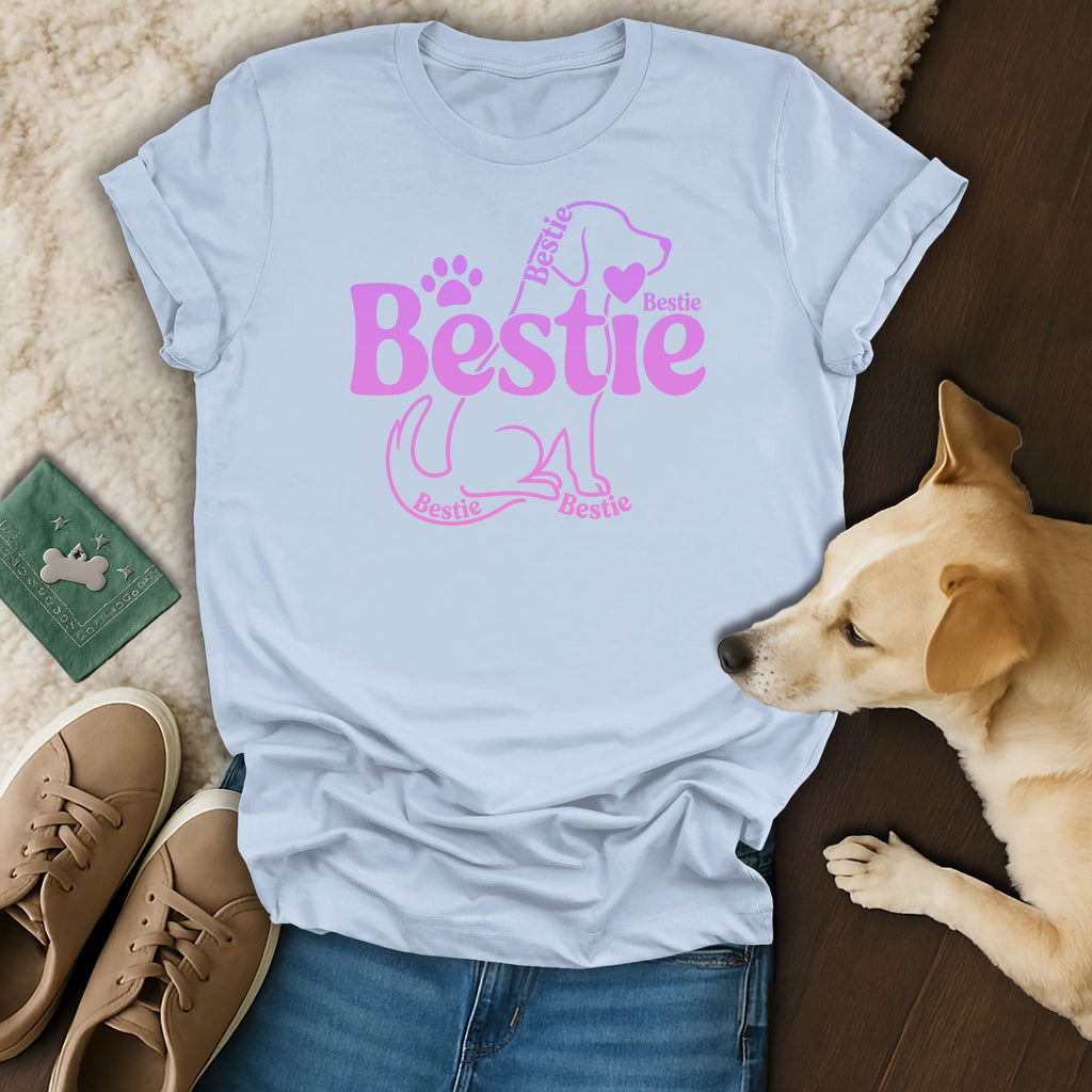 Light blue t-shirt with "Bestie" text and dog graphic.