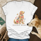 White V-neck t-shirt featuring a floral Golden Retriever graphic and the text GOLDEN MAMA.