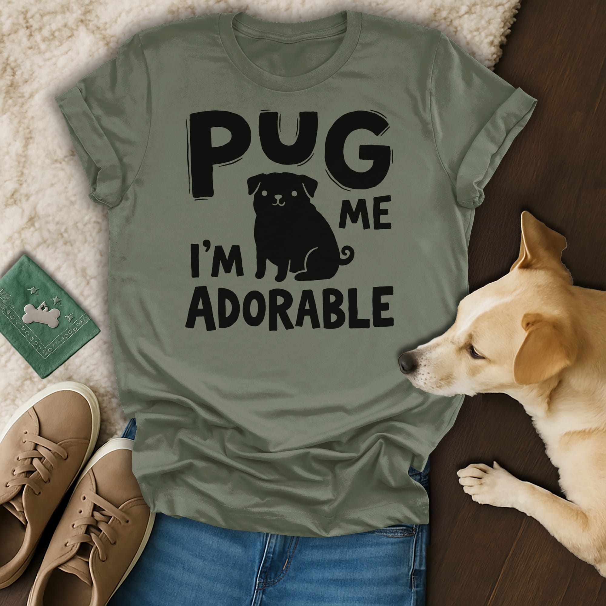 Olive green t-shirt with black text and a pug graphic saying "PUG ME I'M ADORABLE".