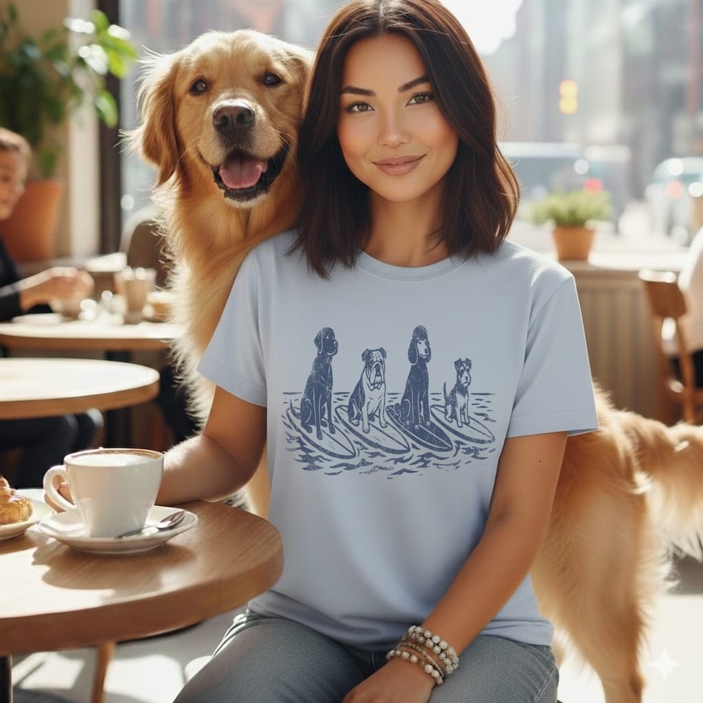 Woman with golden retriever wears light blue t-shirt featuring dogs surfing on waves.
