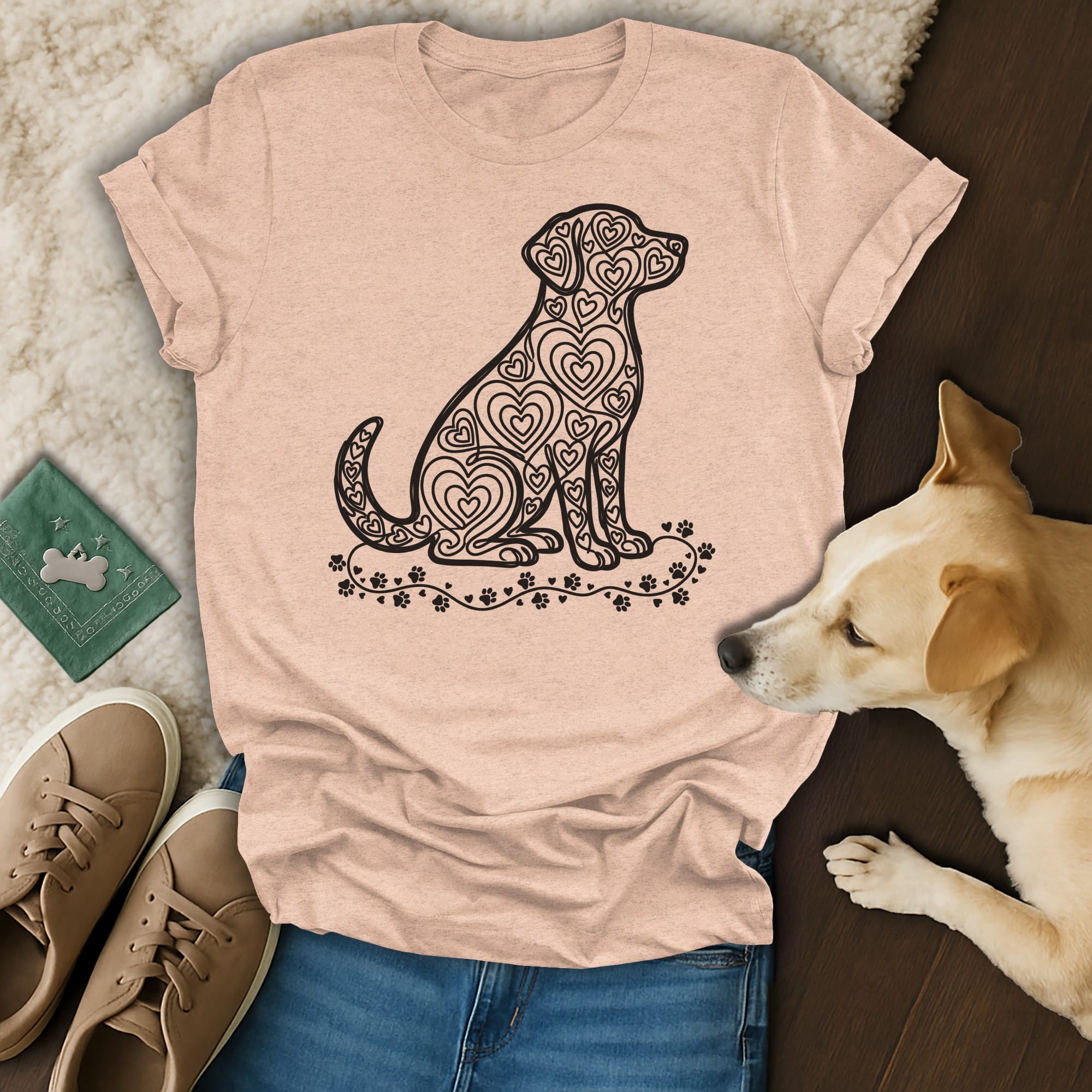 Light pink t-shirt with a black heart-patterned dog graphic.