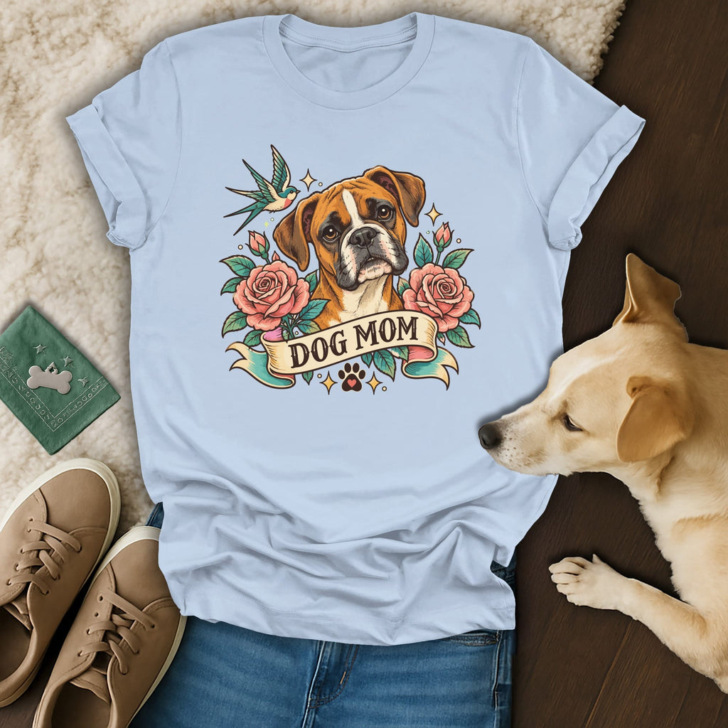 Light blue t-shirt featuring a Boxer dog graphic with roses and the text Dog Mom.
