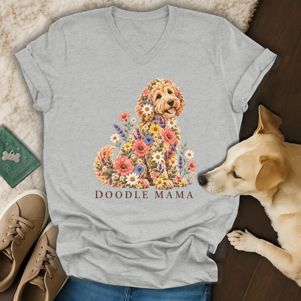 A light gray v-neck t-shirt features a colorful graphic of a Goldendoodle made of flowers and the text DOODLE MAMA.