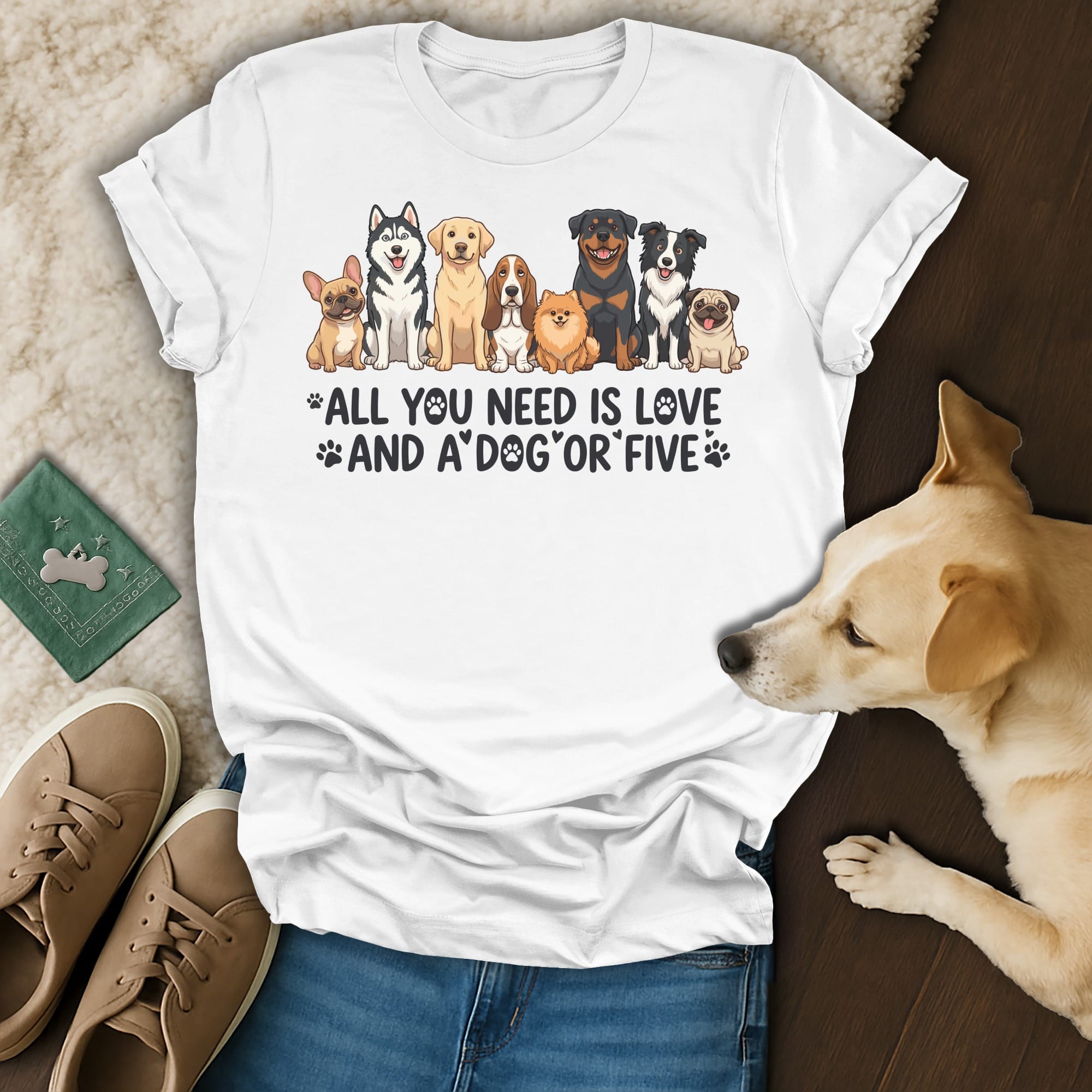 T-shirt with cartoon dogs and text "All You Need Is Love And A Dog Or Five".