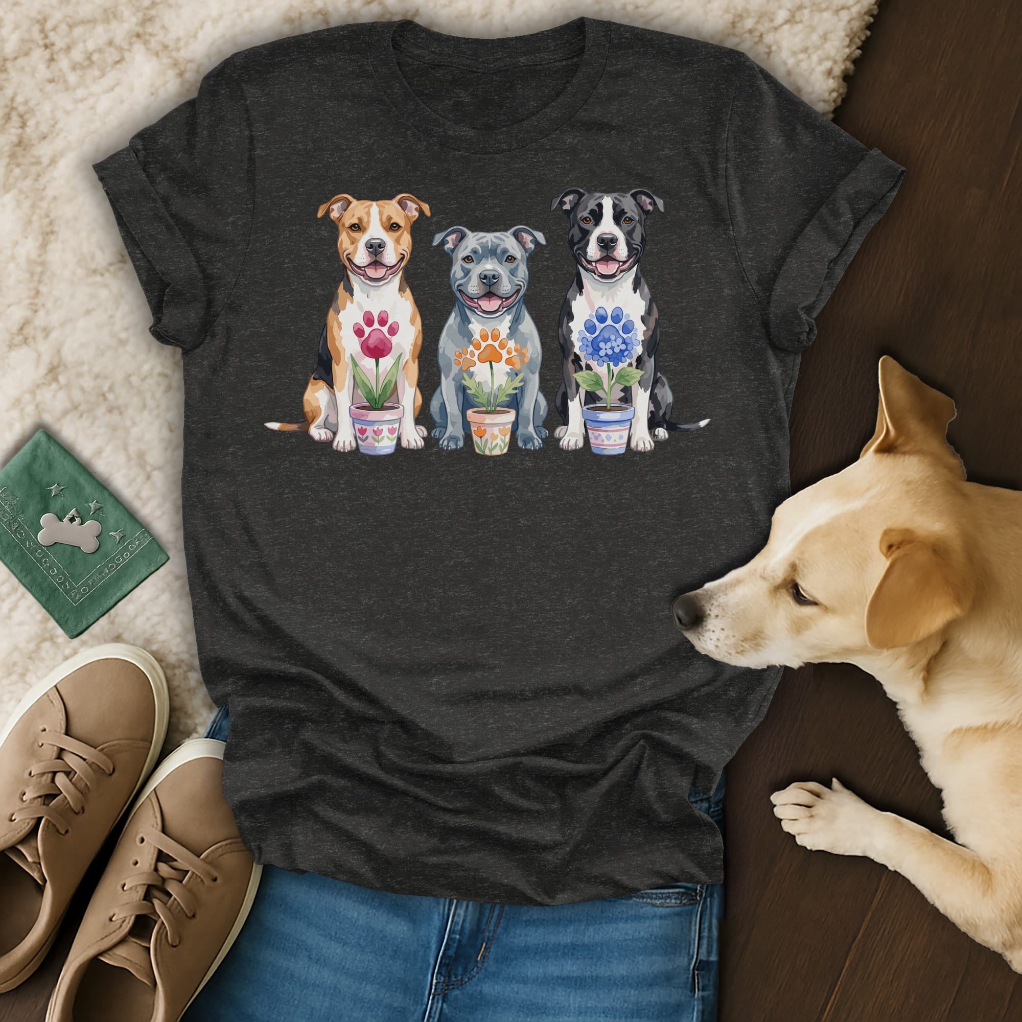 Three bull terrier dogs sit with potted flowers featuring paw prints.