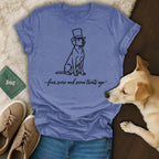 Labrador dog wearing a top hat with "four score and seven treats ago" text.