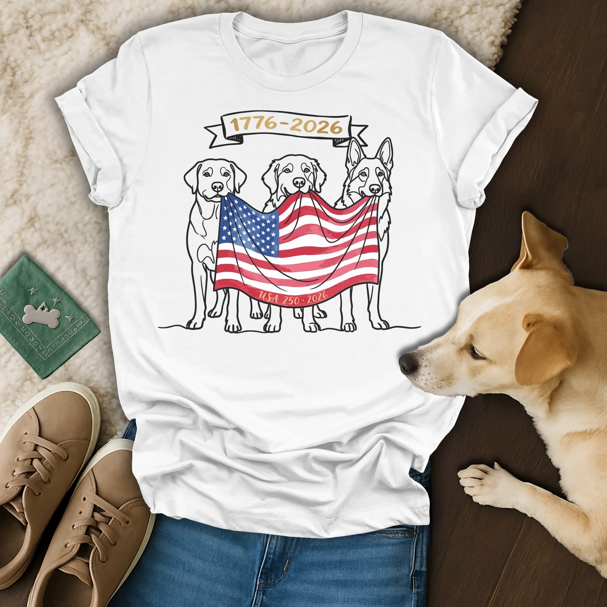 Dogs holding American flag with "1776-2026 USA 250" banner.