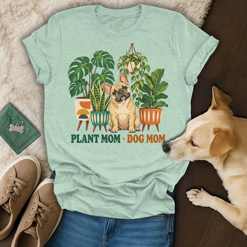 A light green t-shirt with a French bulldog and potted plants graphic, reading Plant Mom Dog Mom.