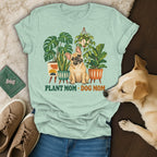 A light green t-shirt with a French bulldog and potted plants graphic, reading Plant Mom Dog Mom.