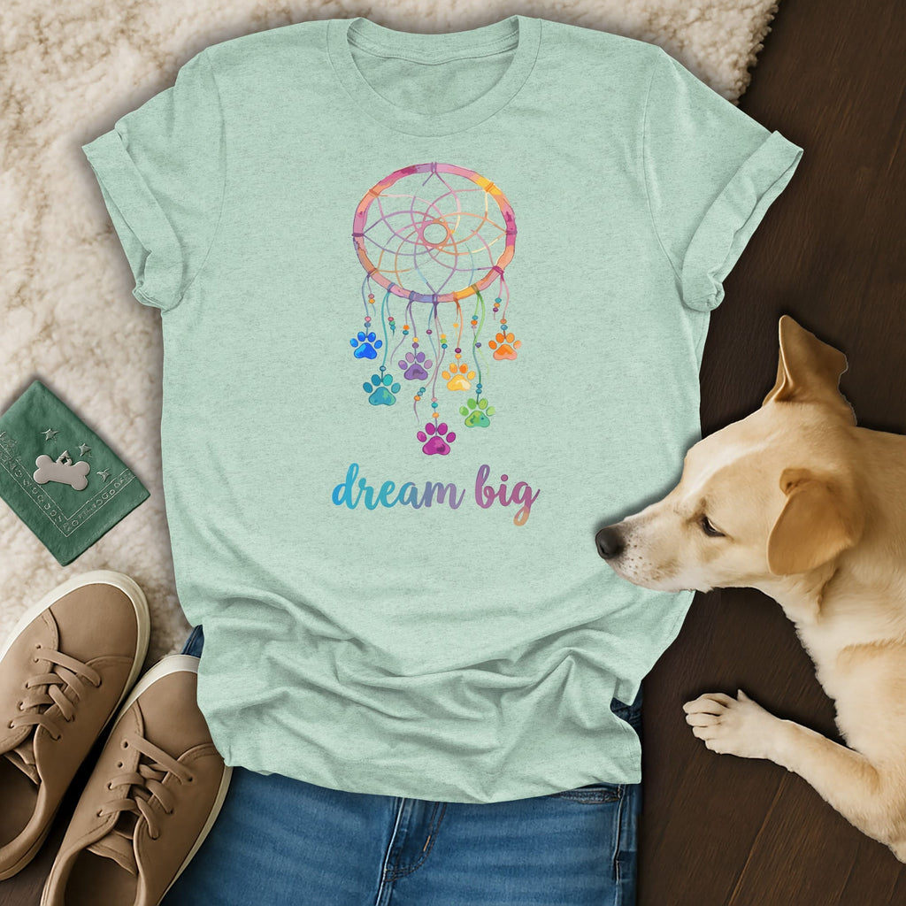 Dream Big t-shirt with colorful dreamcatcher and paw prints.