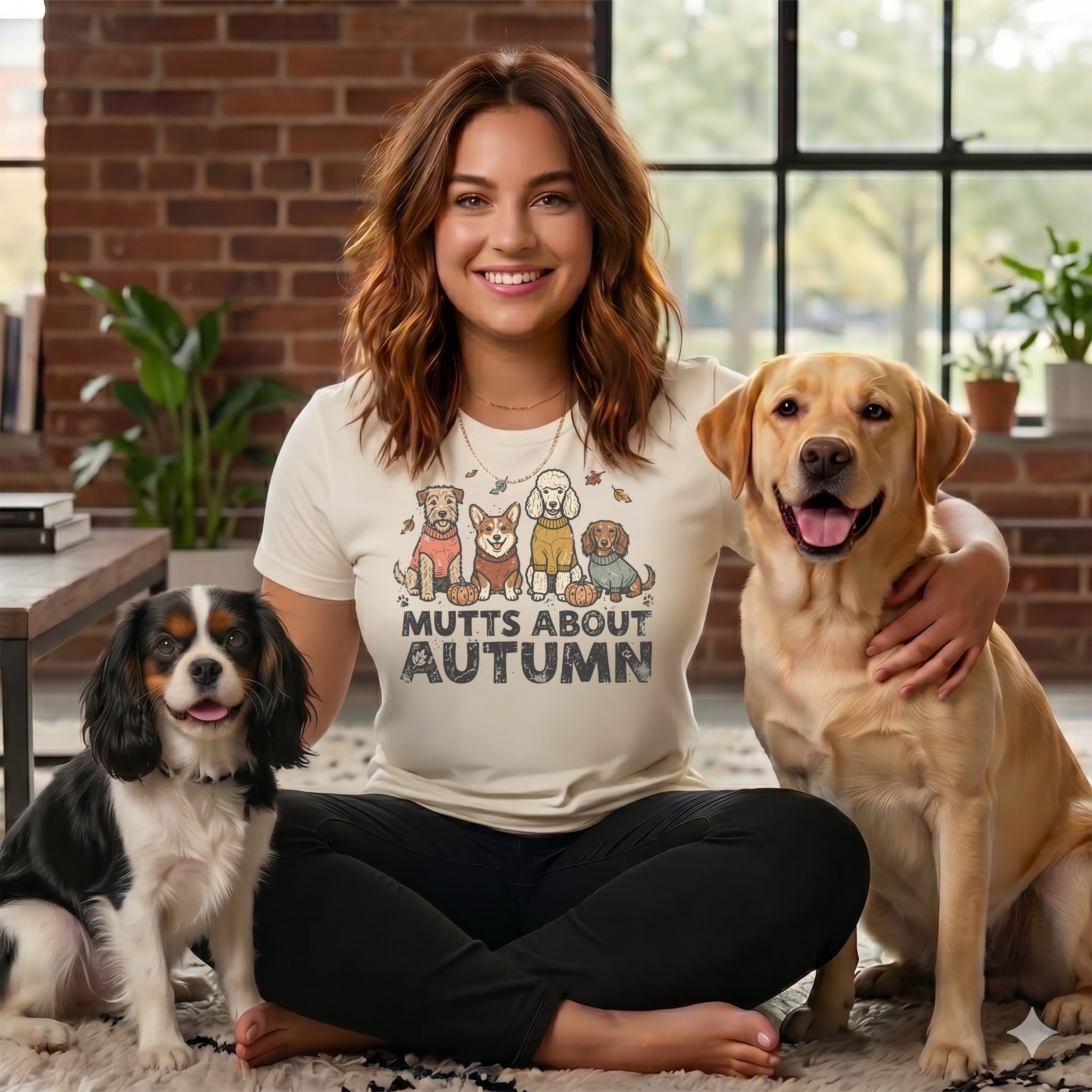 Woman in "Mutts About Autumn" shirt with three dogs: a black and white spaniel, a Labrador, and a shih tzu.