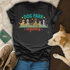 Black t-shirt with "DOG PARK regulars" and cartoon dogs.