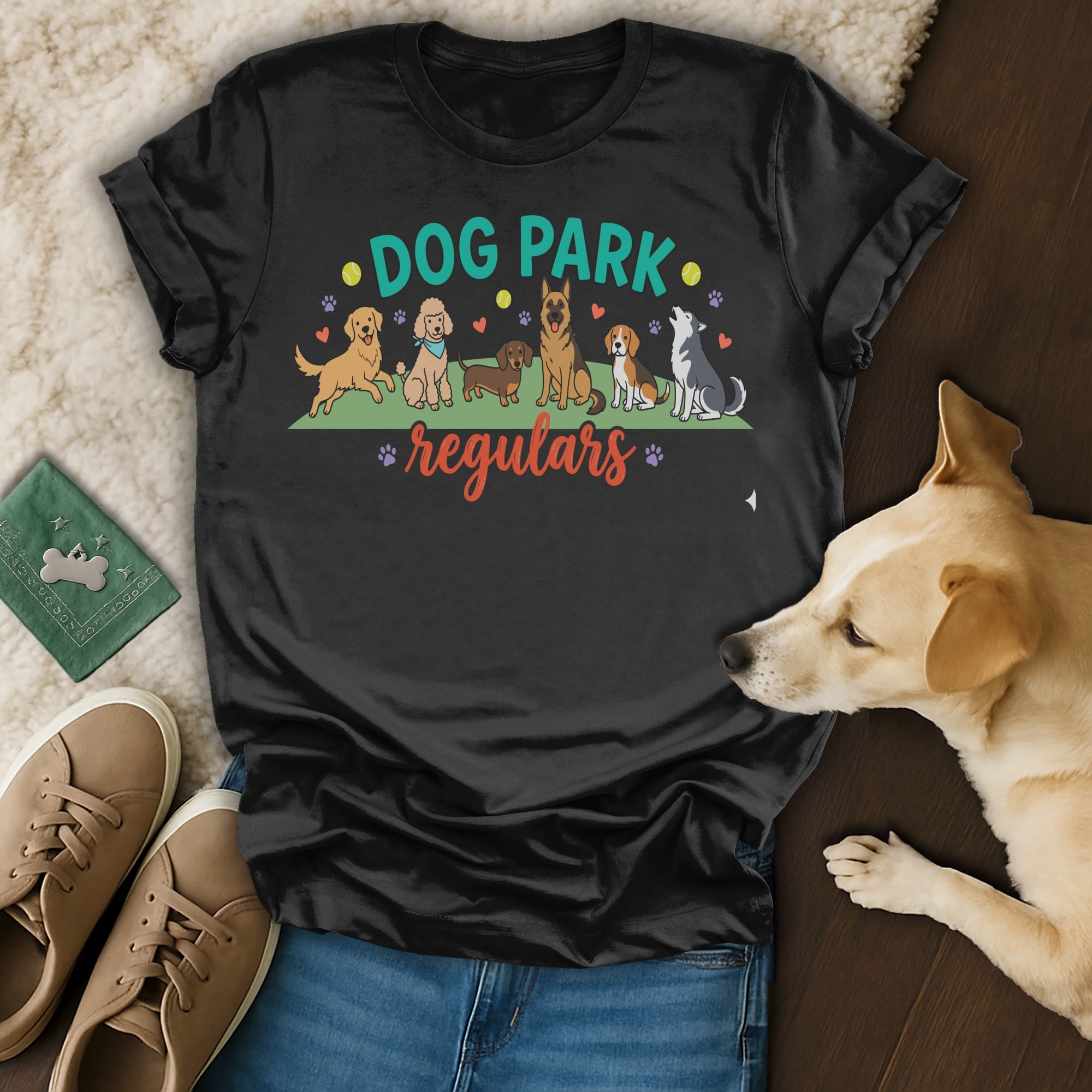 Black t-shirt with "DOG PARK regulars" and cartoon dogs.
