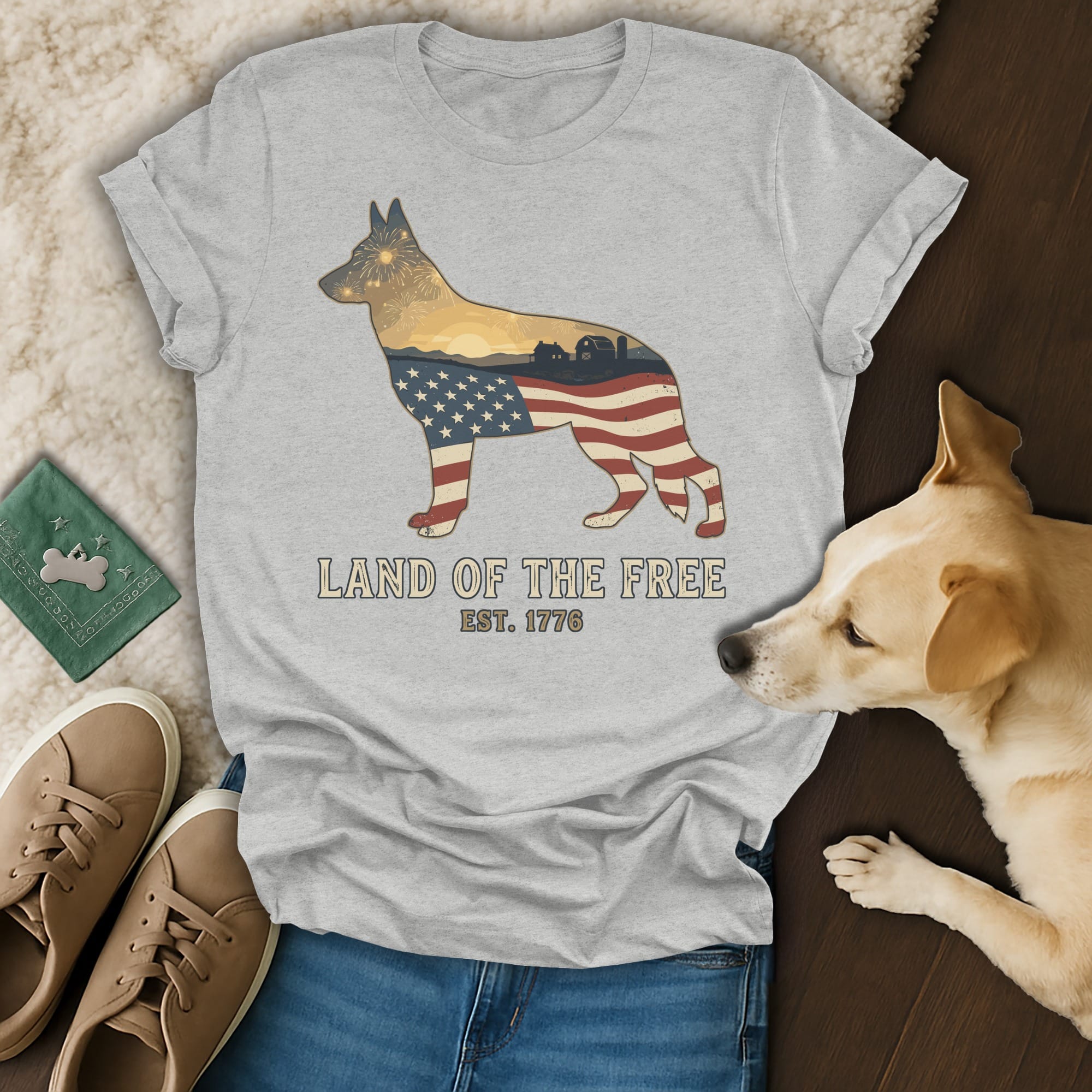 Grey t-shirt with Land of the Free dog graphic and Est. 1776 text.