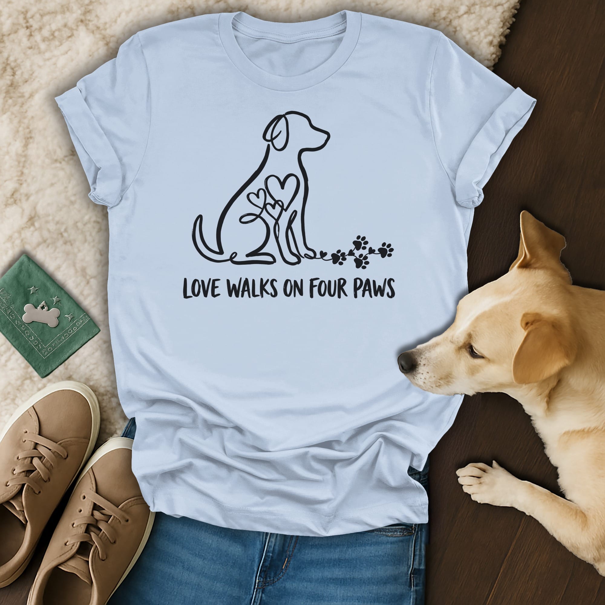 Light blue t-shirt with a dog silhouette and "Love Walks on Four Paws" text.