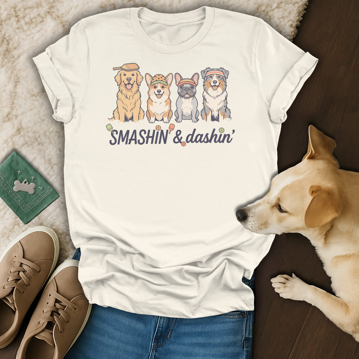 T-shirt with four dogs wearing athletic headbands and text "SMASHIN' & dashin'".
