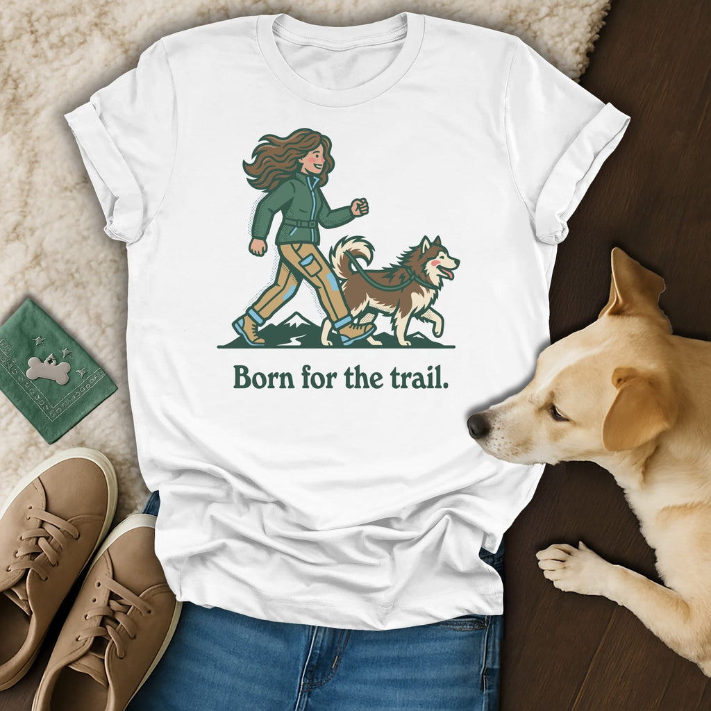 White t-shirt with illustration of woman and dog, "Born for the trail." text.