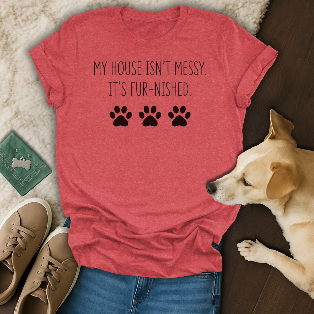 Red t-shirt with "My house isn't messy. It's fur-nished." text and paw prints.
