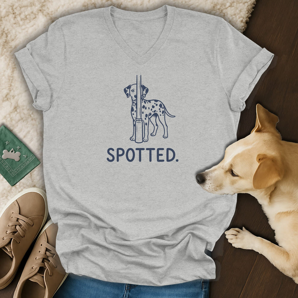 Light grey t-shirt with a navy blue Dalmatian dog and "SPOTTED." text.