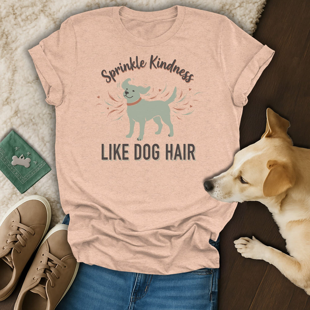 Peach t-shirt with "Sprinkle Kindness Like Dog Hair" and a dog graphic.
