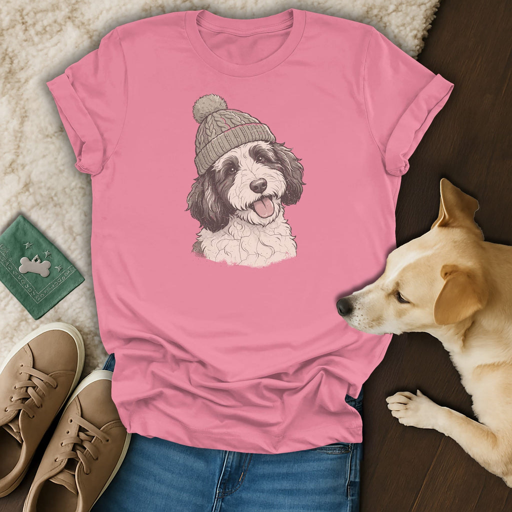 Pink t-shirt with a doodle dog wearing a knitted hat.
