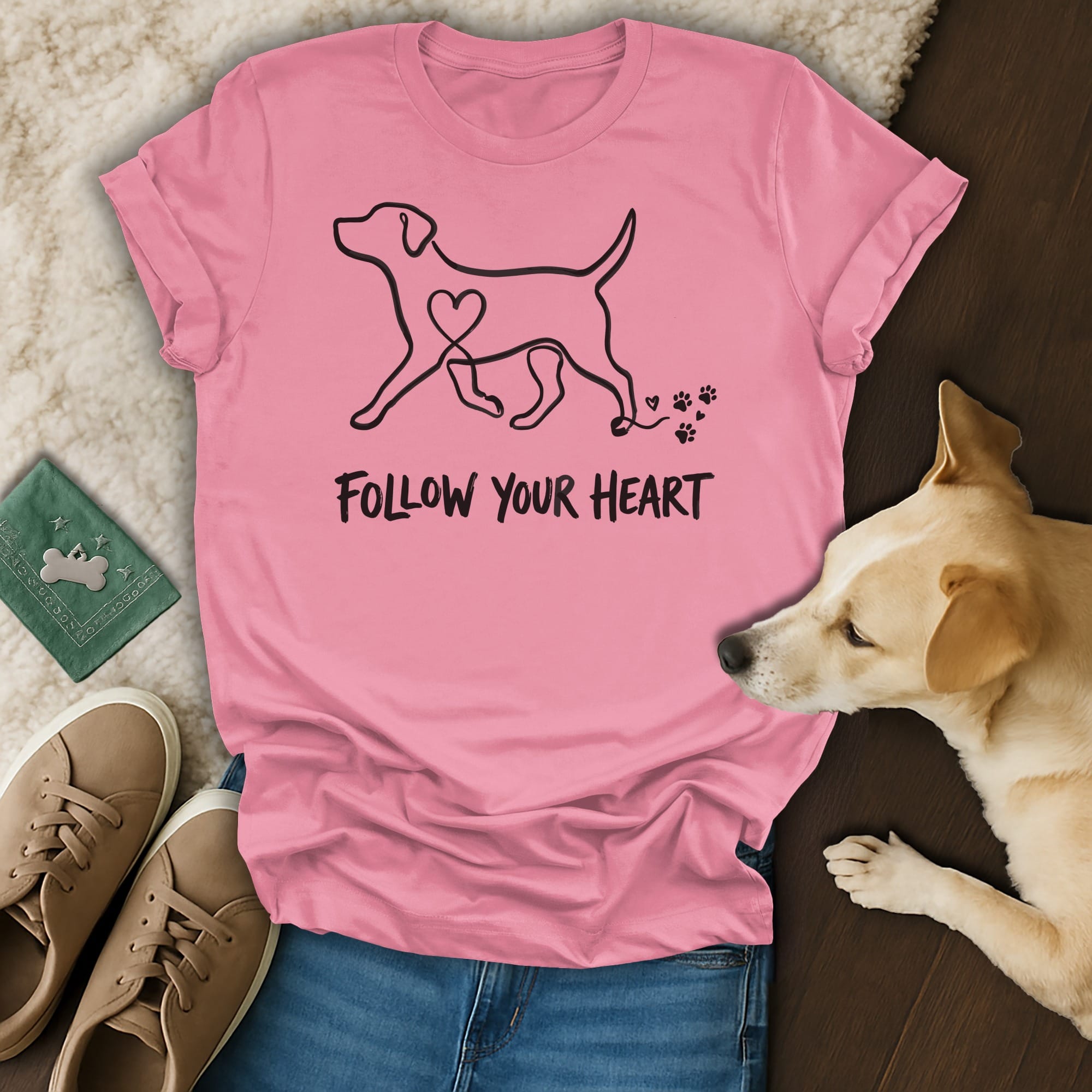 Pink t-shirt with dog graphic and "Follow Your Heart" text.