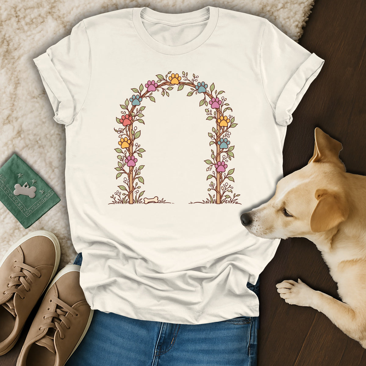 White t-shirt featuring a floral arch graphic with colorful paw prints, surrounded by a dog, sneakers, and jeans.